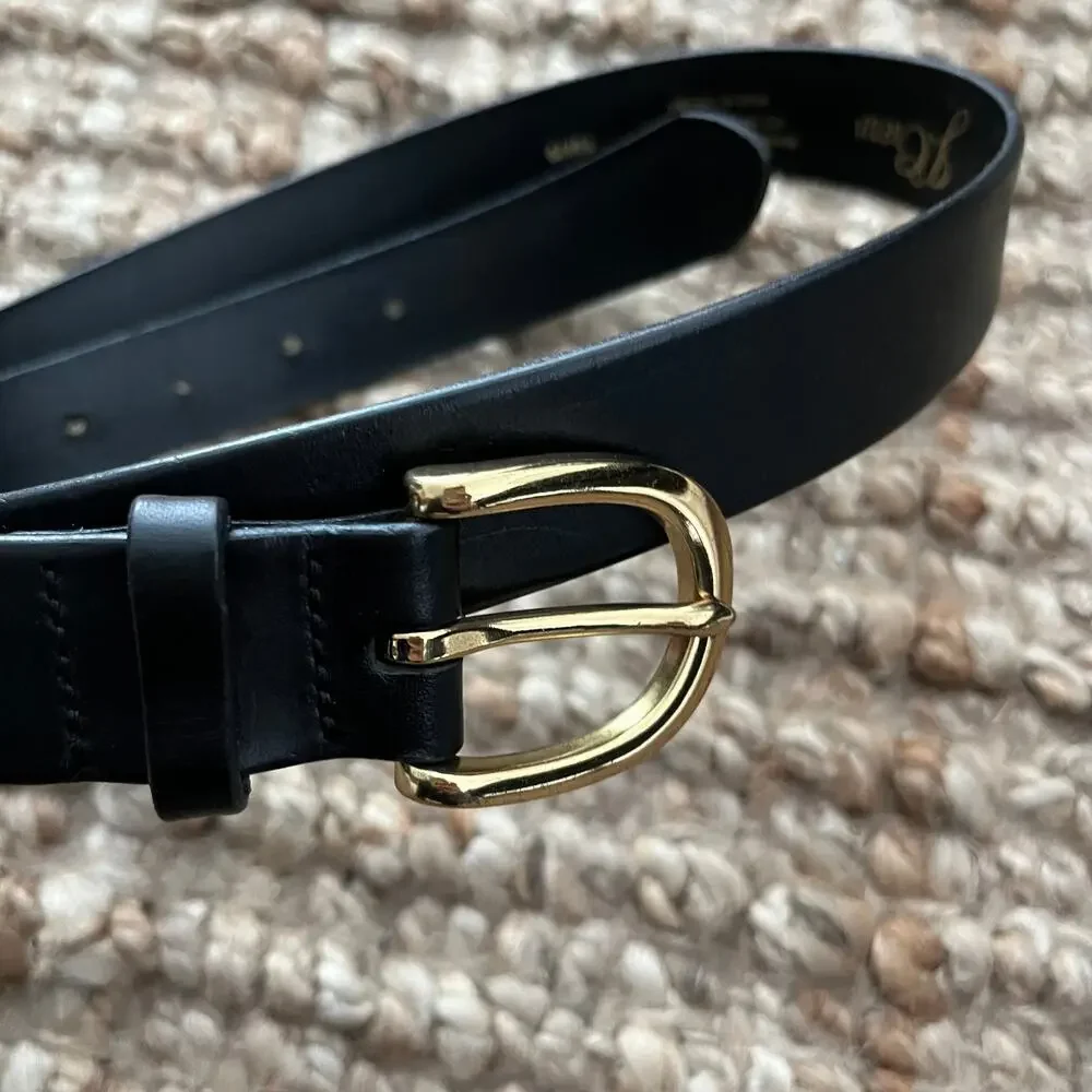 J.Crew Italian Leather Belt Black Gold Buckle Size S Made in USA Classic EUC